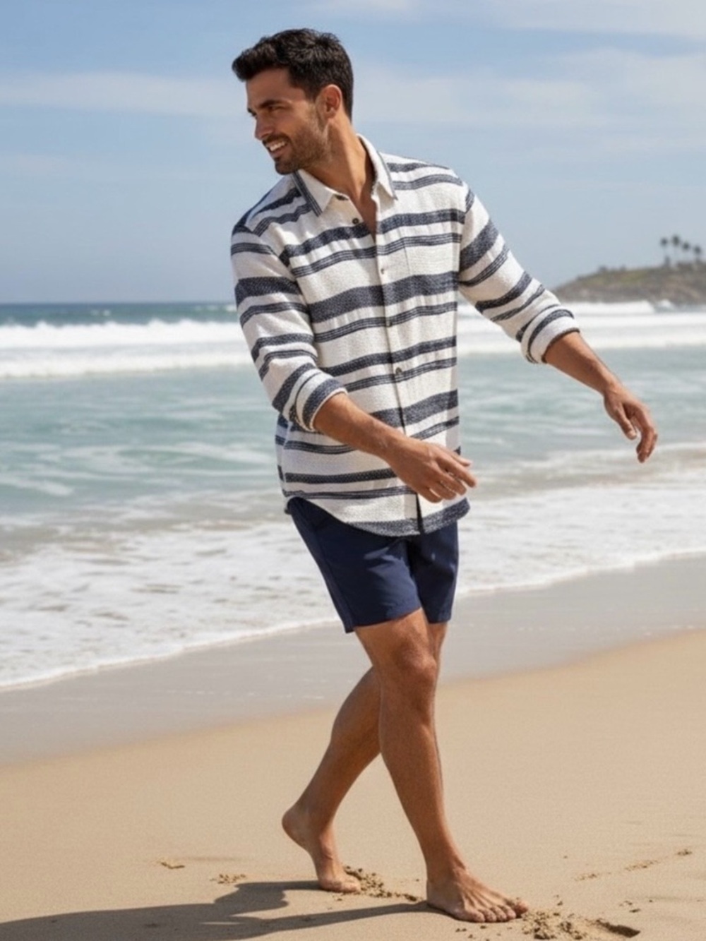Scotch & Soda XL Basketweave Voile Button-Up Shirt White Navy Striped Resort - Picture 4 of 10